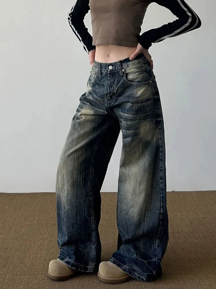 Jeans vintage invecchiati da donna Primavera Vita bassa Streetwear Pantaloni scimitar larghi Bf Pantaloni hip-hop americani tutti abbinati in denim
