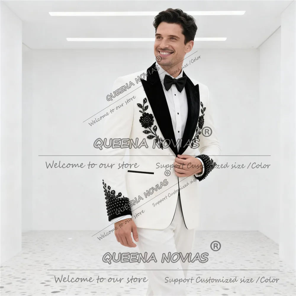 Brilliant Pearls Beaded Groom Wedding Suit Unique Design Shawl Lapel Prom Blazers Customized 2 Pieces Sets Man Suit Outfits 2026