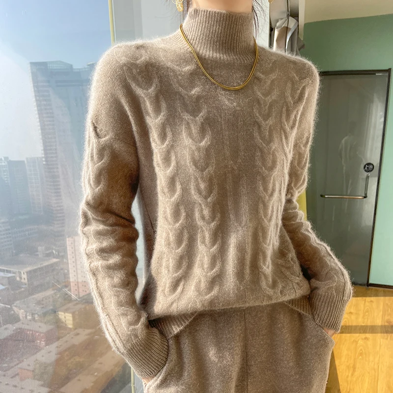 Double thick cashmere sweater women's 100 pure cashmere autumn and winter new semi-turtle neck knitted bottoming loose top