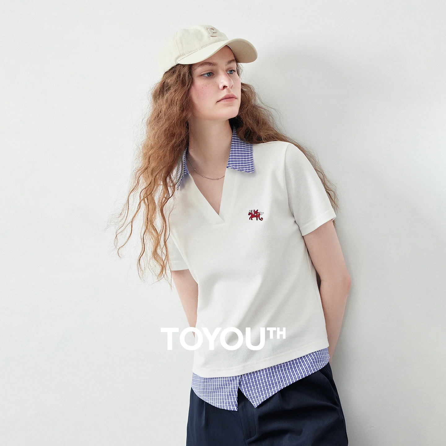 TOYOUTH Women T Shirts 2026 Summer Pegasus Embroidery Plaid Contrast Fake Two Piece Intellectual Preppy Style Tops