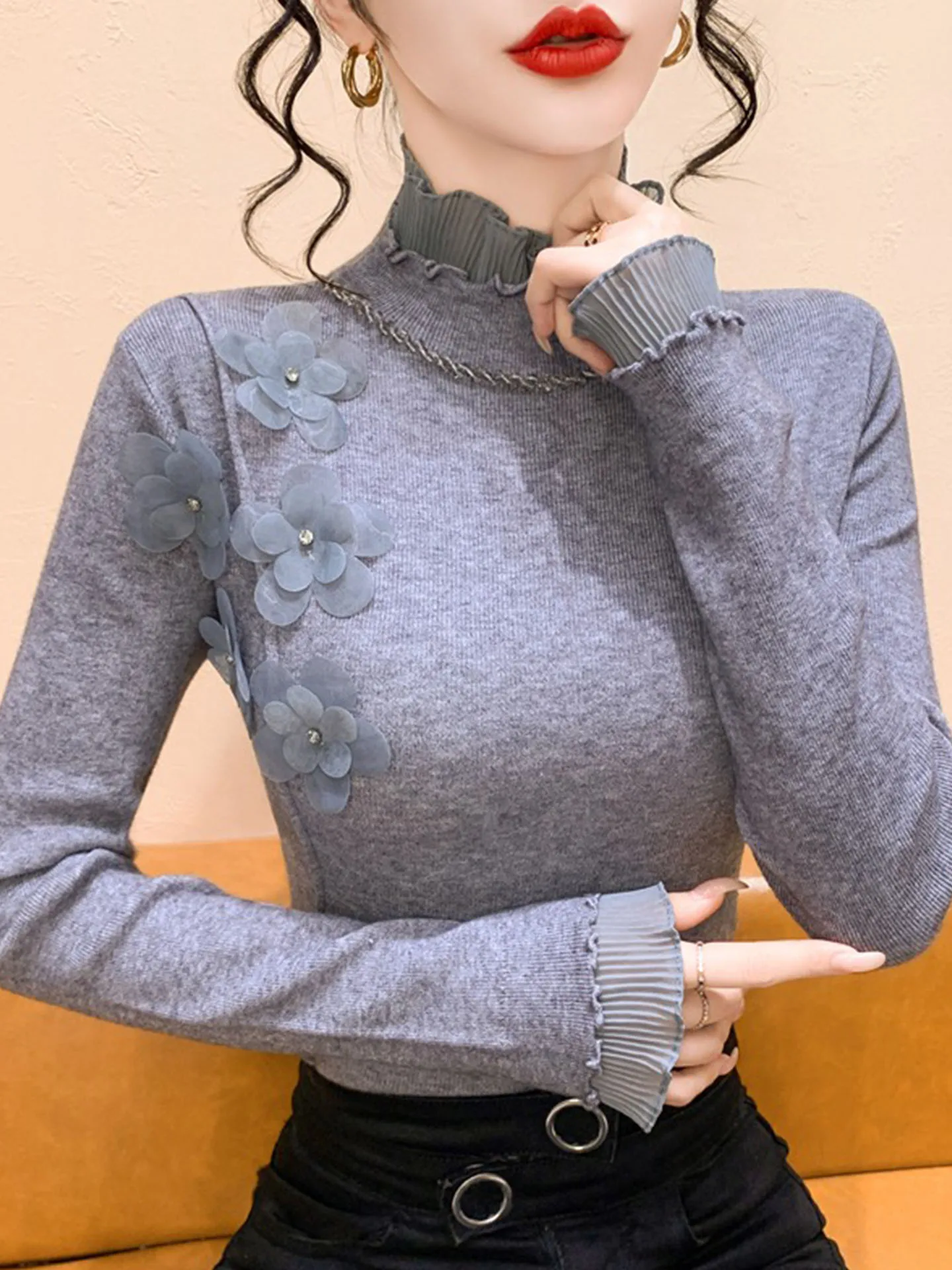 Retro emenda gola alta diamante embelezado fino ajuste camisola de malha para as mulheres outono inverno nova base sle irt topo