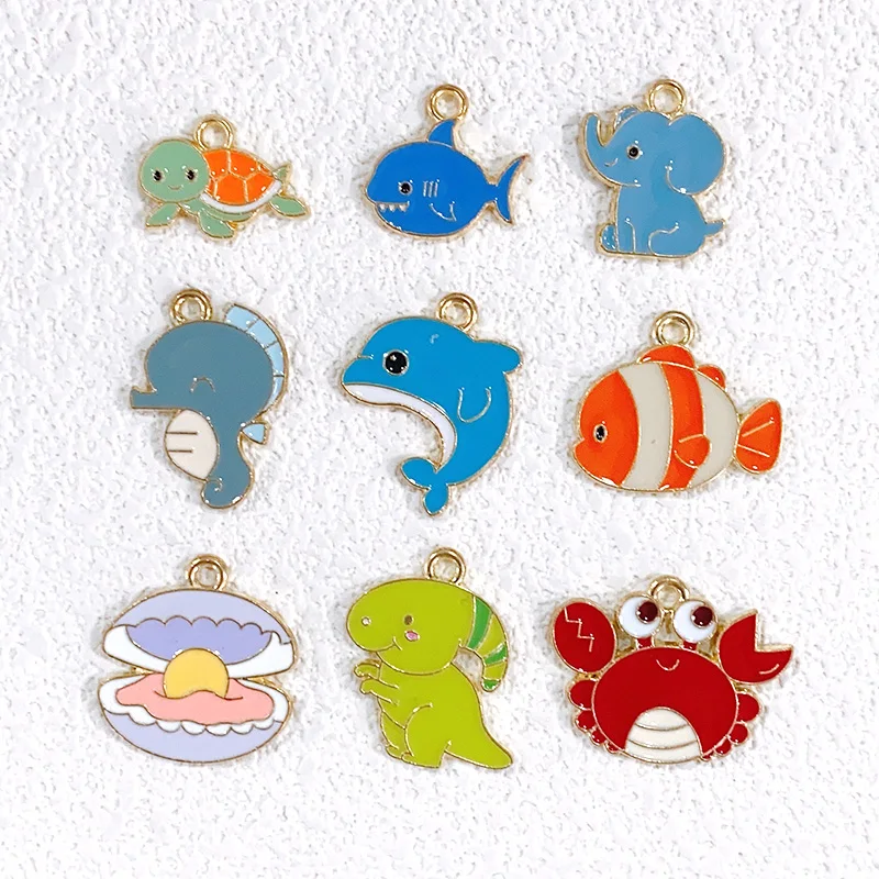 10pcs Marine Animal Allloy Enamel Charms Turtles Seahorses Shark Shell Crabs Dinosaur Pendants Diy For Earring Cute Jewelry Make