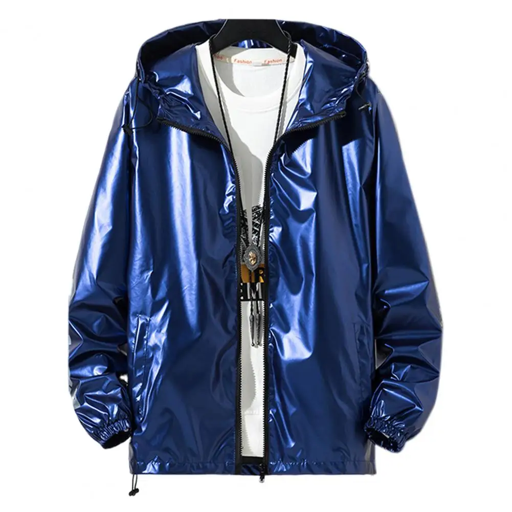 Loose Fit Hooded Coat Men Youth Shiny Glossy Hooded Jackets with Adjustable Drawstrings for Teenagers Fashionable for Spring