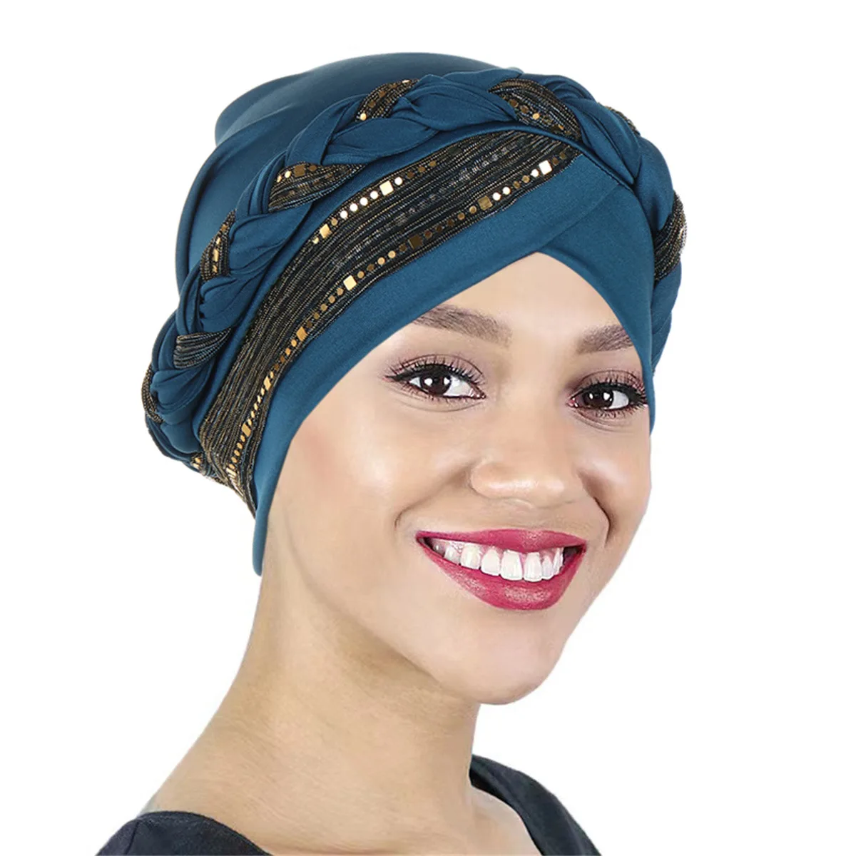 Color Blocked Bright Silk Braid Women Hijabs Turban Hat Solid Color Head Wraps  Pre-tied Elastic Head Scarf Beanies Chemo Cap