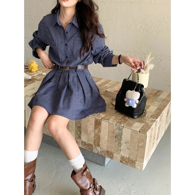 

With Belt Medieval Korean Blue Plaid Shirt Dress