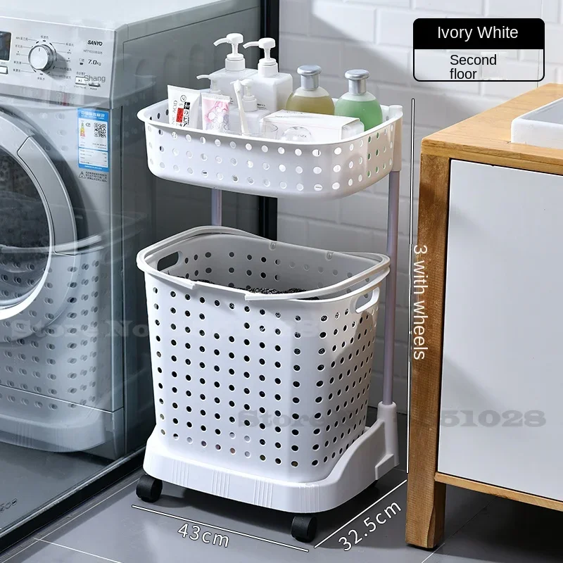 Nordic 2-Layer Bathroom Laundry Basket with Wheels, Durable Plastic Dirty Clothes Rack, Separate Storage Organizer