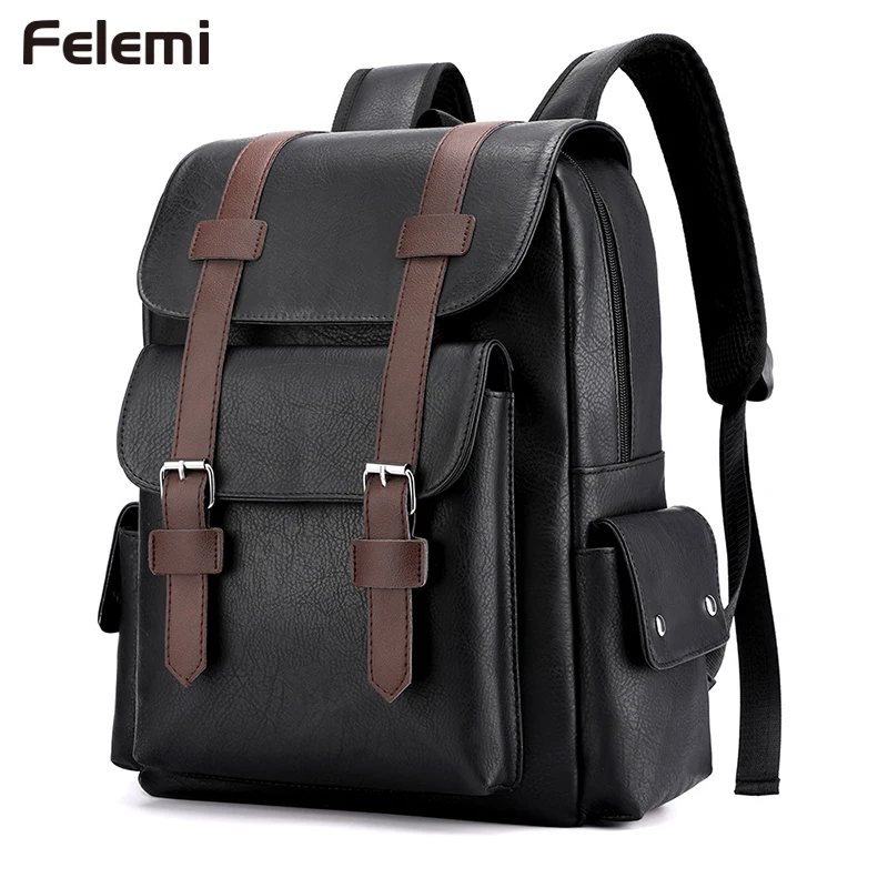 Men\'s Fashion Korean Pu Leather Backpack Large Capacity Business Laptop Backpack Student University School Bags Travel Bag