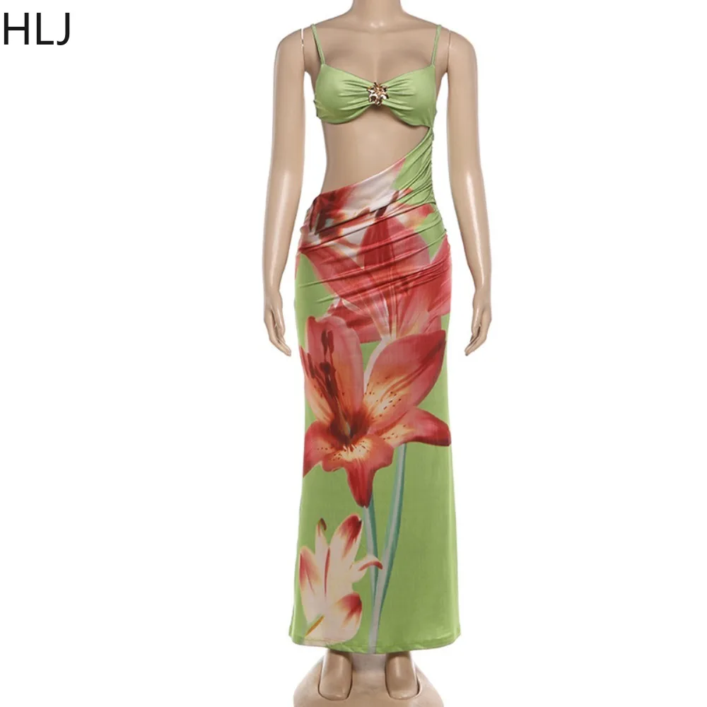 HLJ Sexy Floral Print Patchwork 2 Piece Bikini Spaghetti Strap Sleeveless Backless Top + Maxi Skirt Matching Female Beachwear