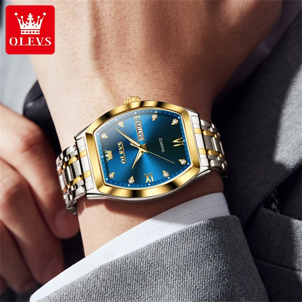 OLEVS 5528 Tonneau Dial Men's Quartz Watches Waterproof Luminous Dual Calendar Stainless Steel Man Watch Original Brand Watches