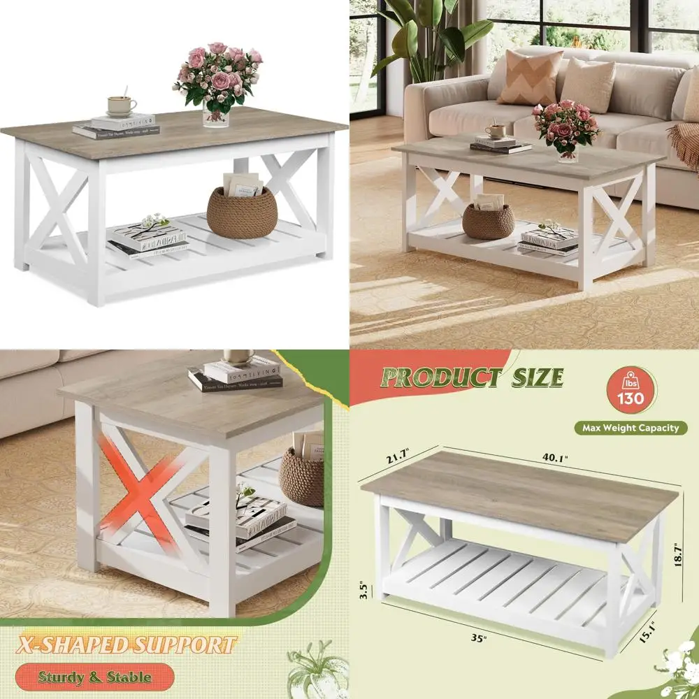 

"40.1 inch farmhouse style coffee table with slatted shelf and x-frame design for living room"