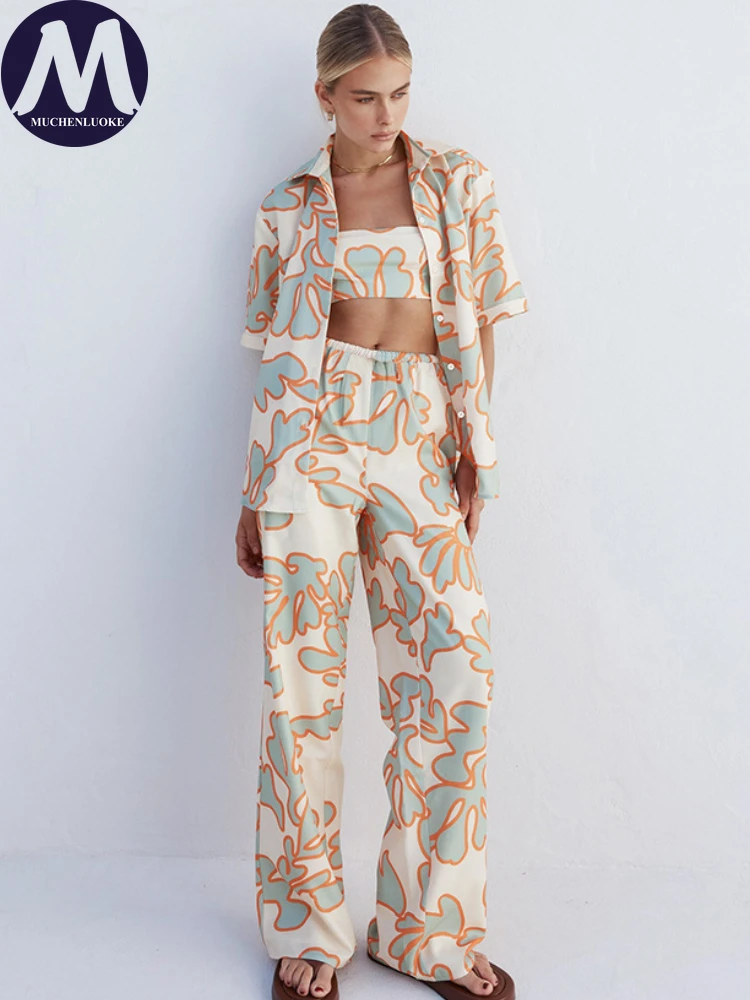 Half Sleeve Tops and Pants Set for Women, Casual Loose Suits, Wide Leg Pants, New Fashion Printing, Summer, 3 Pieces