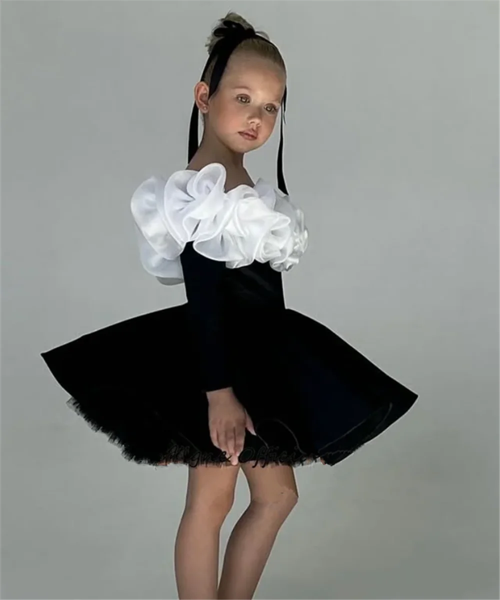 Vestidos elegantes de terciopelo negro para niña, vestido de fiesta de boda con flores en 3D y hombros descubiertos, vestido corto de cumpleaños personalizado