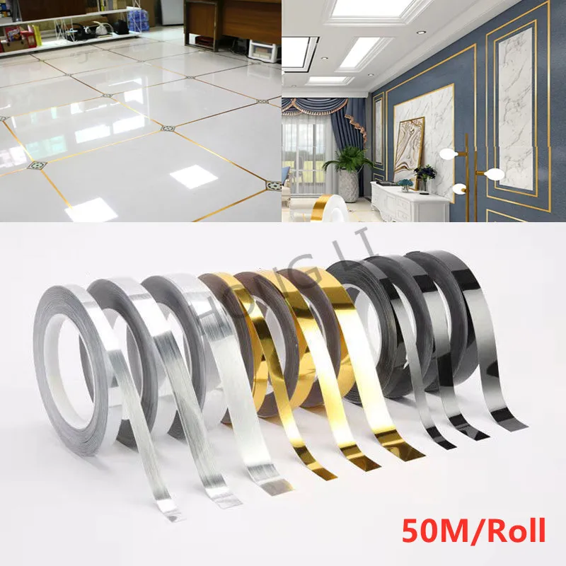 50M Home Decor 50Mx0.5/2cm Gap Sealing Foil Tape Waterproof Gold Silver DIY Copper Foil Strip Wall Sticker Floor Seam Sticker