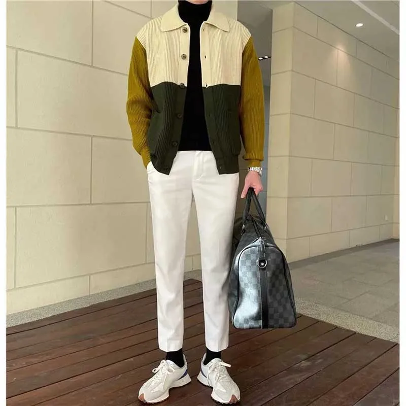 Fashion Lapel Button Pockets Spliced Casual Color Cardigan Sweaters Men\'s Clothing 2024 Spring New Loose Knitted All-match Tops