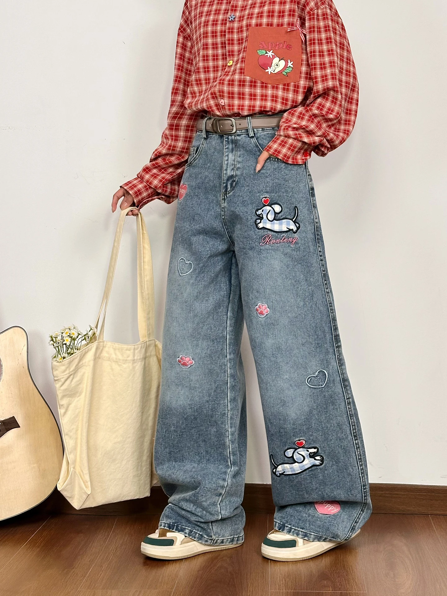 

SOLDOUT Оригинальные американские ретро-джинсы с вышивкой в виде сердца и собачки, женские, зауженные, с широкими штанинами, длинные брюки, повседневная одежда на все сезоны