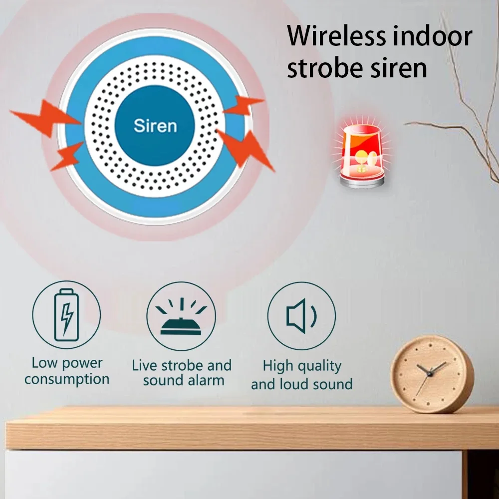 433 MHz kabellose Ton- und Licht-Blitzsirene, eigenständige Alarmsirene für den Innenbereich mit PIR-Sensor, Türsensor, Heimsicherheitsalarmsystem