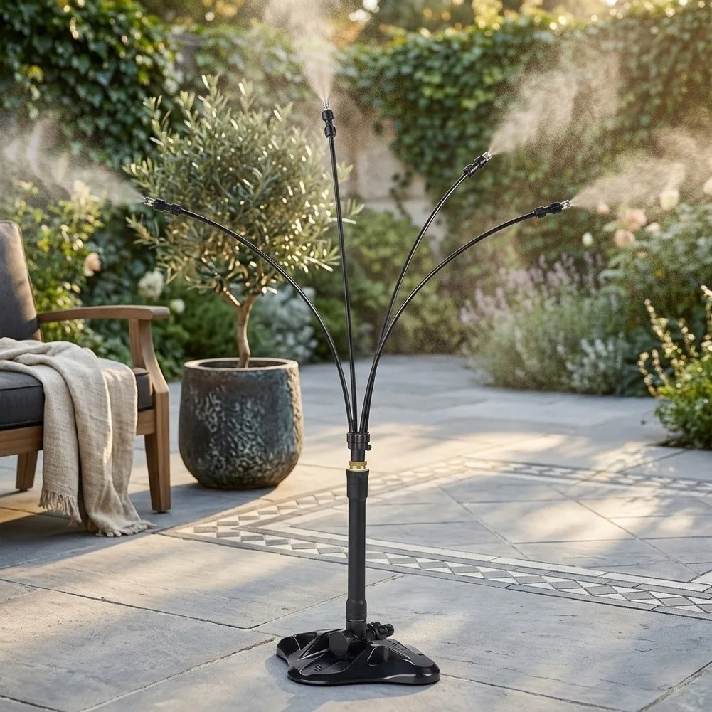 Garden Cooling Spray System with Adjustable Standing Atomizing Nozzle and 4 Shape Memory Tubes for Targeted Mist
