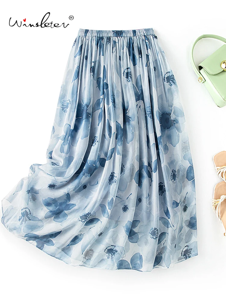 Winsleter-Women 100%Real Silk Elegant Skirts, Elastic Waist Printed, Retro Beach Vacation Thin Skirt, 2025 Summer New B55033CC
