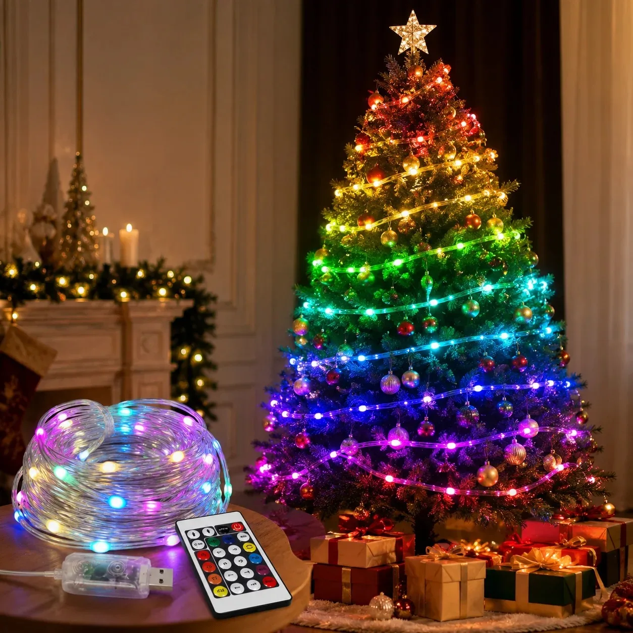 Smart RGBIC Fairy Lights, 5M 10M 20M USB LED String Lights with Bluetooth App Control DIY Colors for Holiday Party Decoration