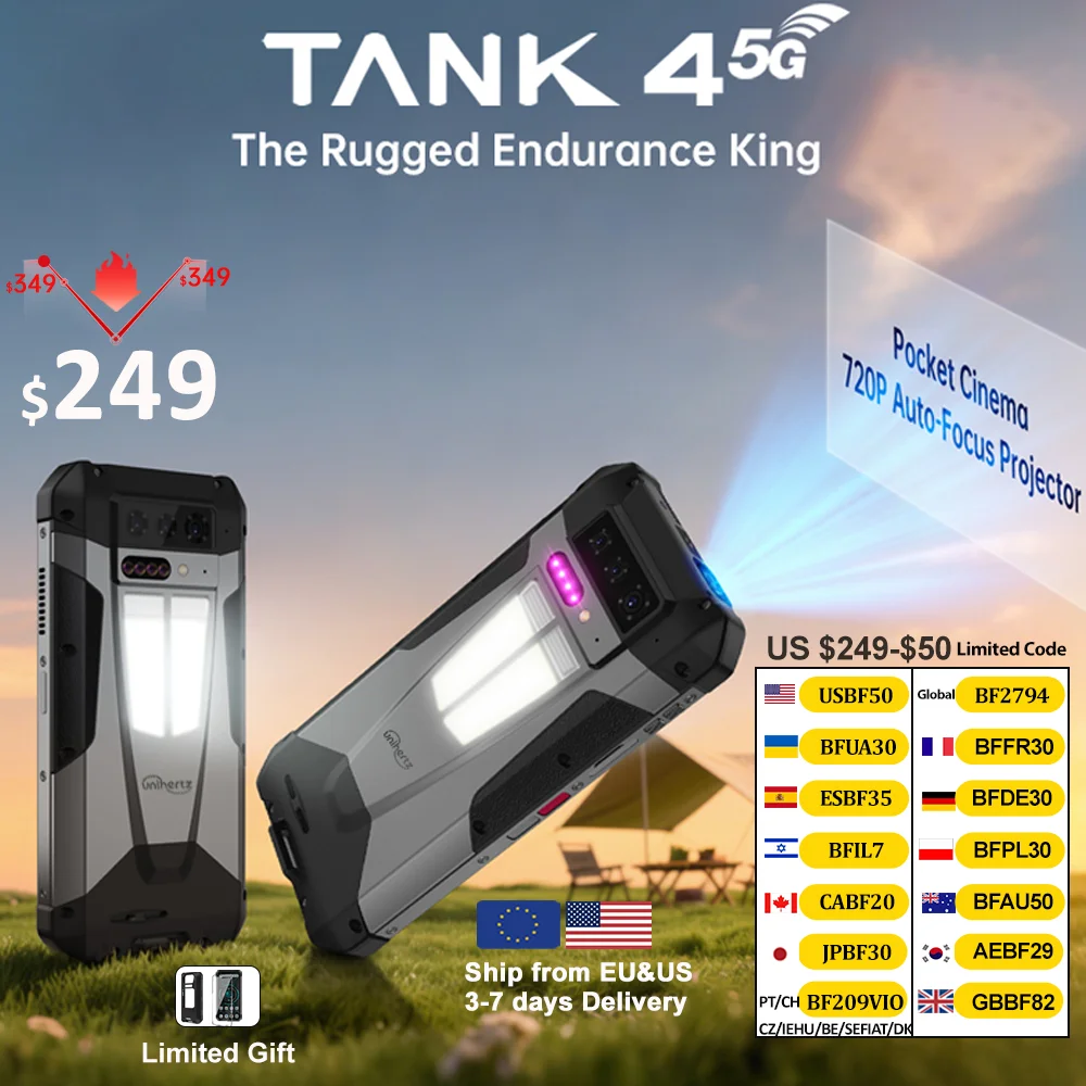 

Unihertz by 8849 Tank 4 Smartphone 5G Built-in 720P Projector 512GB ROM 24GB RAM 11600mAh Dimensity 7300 AMOLED Phone Android 14