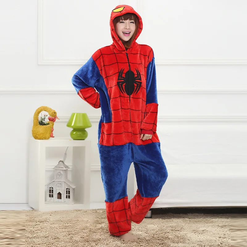 New Flannel Spiderman Pajamas Adult Spider Man Costume Clothes One-piece Nightgown Women\'s Home Hooded Sleepwear Jumpsuit Pijama