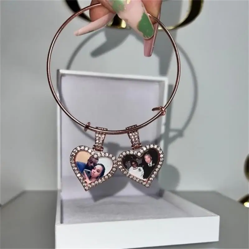 TBTK Stainless Steel Cuff Bangle DIY Heart Photo Pendant Memory Bracelet Iced Out Cubic Zirconia Family Lover\'s Gift