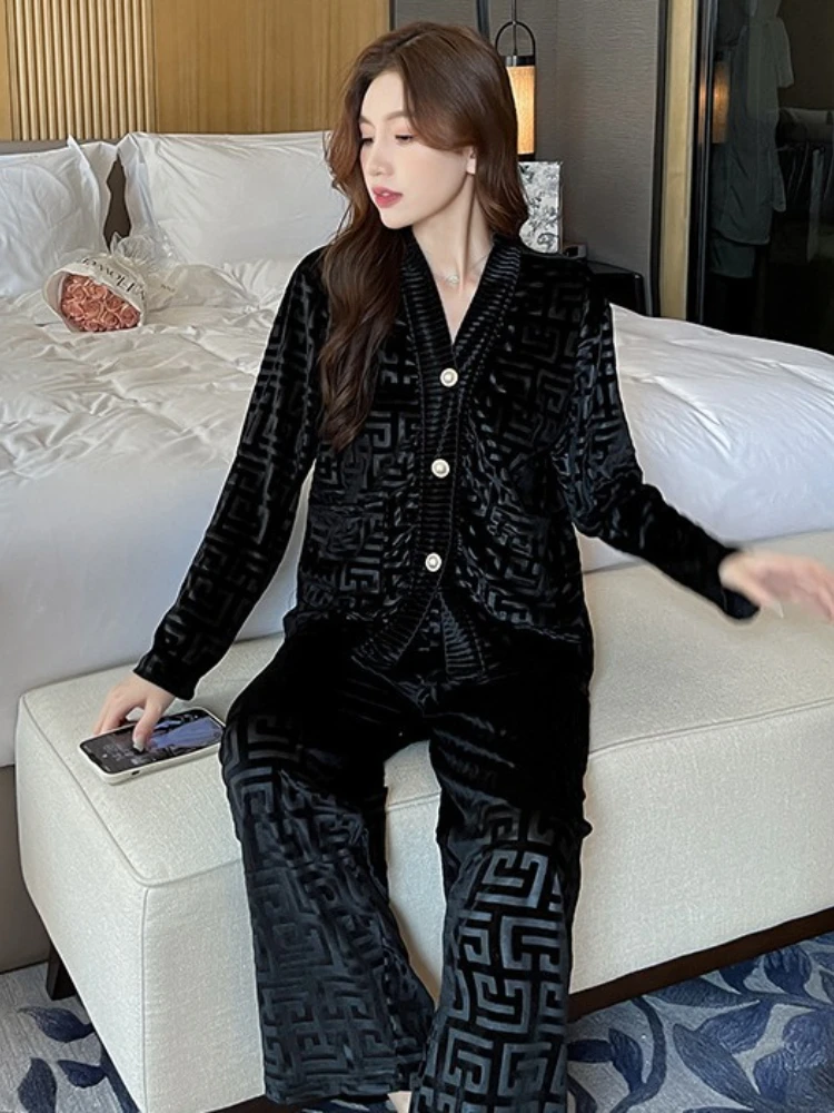 Fashion Gold Velvet Pajamas Suit Women\'s Spring Autumn New High Quality Loose Top+Trousers Plus Size Outer Wear Home Clothes