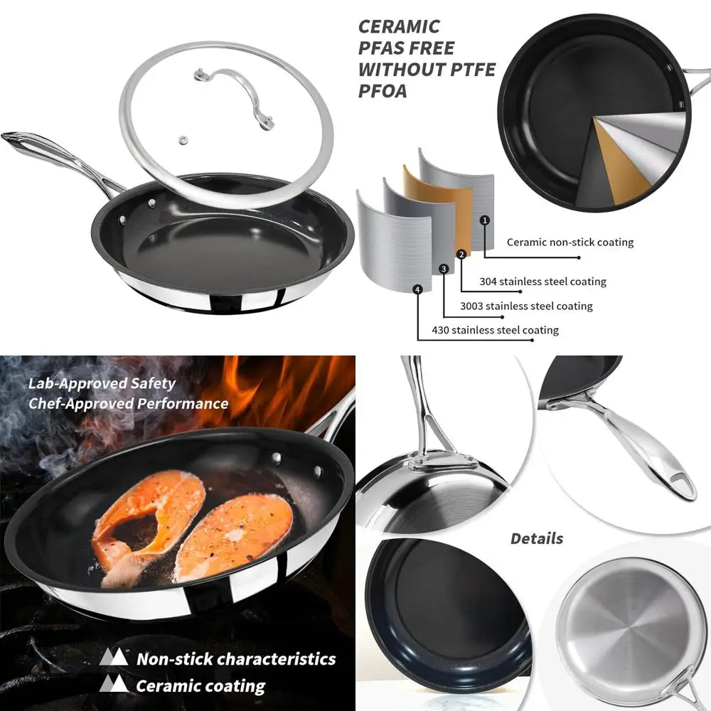 

Керамическая сковорода с антипригарным покрытием, 10 дюймов, с крышкой — без PFOA и PTFE, безопасная для духовки и бройлеров, четырехслойная конструкция толщиной 2,5 мм, A