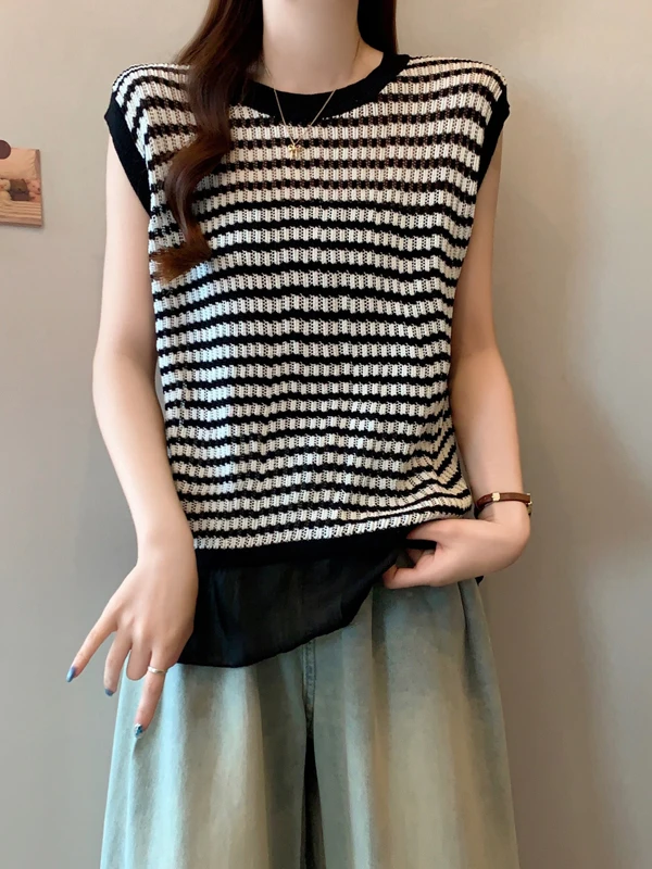 블라 화이트 스트라이프 홀로우 아웃 니트 아이스 실크 베스트 여성 여름 대형 사이즈 루즈 핏 슬림 탑 쉬폰 헴 출퇴근용