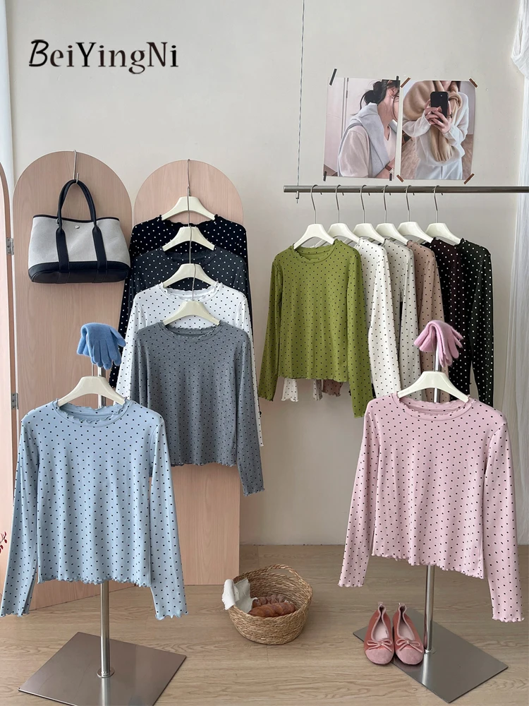 Beiyingni Korean Fleece T-shirts Female Polka Dot Printed Cashmere Bottoming Shirt Women 2026 Autumn Winter Cozy Hotsweet Tops