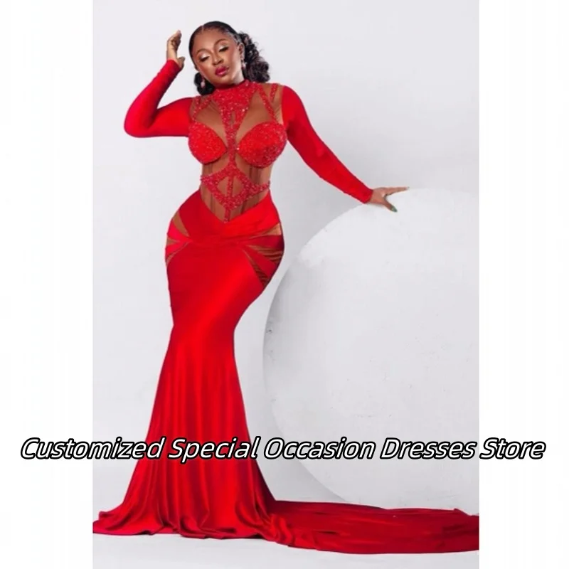 

Red Charming Sequin Applique High Neck Evening Dresses For African Girls Long Mermaid Prom Dress Wedding Party Gowns Customized