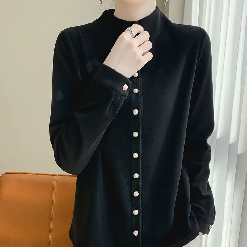 New Autumn Winter Thick German Velvet Jacket Women Double-sided Brushed Pearl Button Stand Collar Shirt Large Loose Base