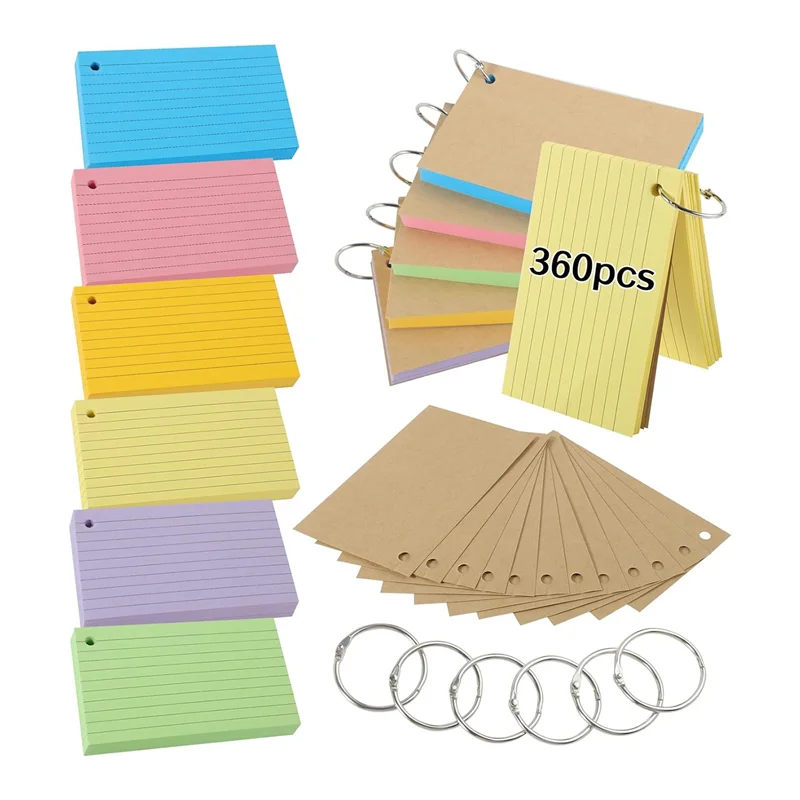 A59E-600 pièces cartes d'index multicolores cartes de révision avec 6 anneaux de reliure cartes Flash papier Kraft cartes Flash doublées enregistrement C