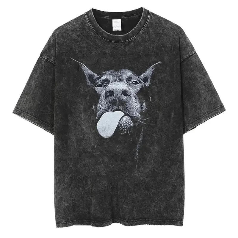 Retro Street Rottweiler Doberman T Shirt Men's Vintage Washed Short Sleeve T-Shirts Hip Hop Gothic Oversized T-shirt Streetwear