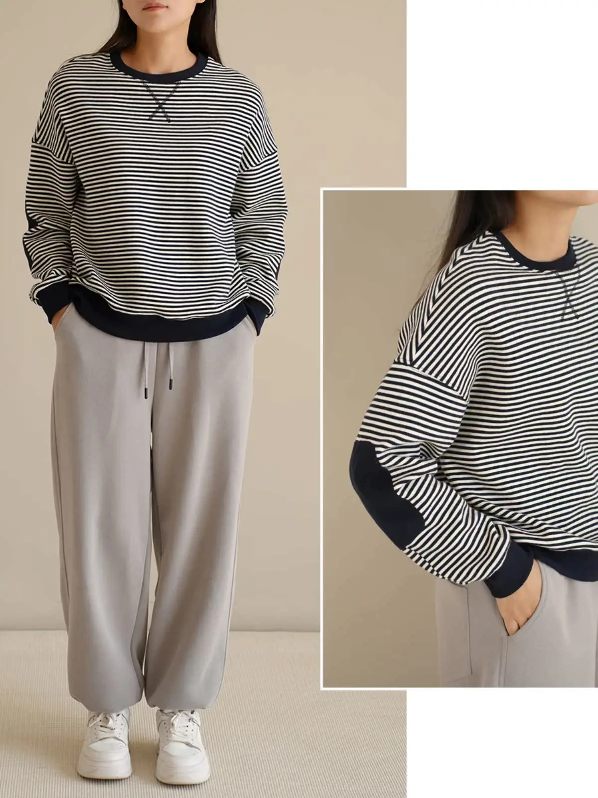 

Худи женское из чистого хлопка в полоску, с круглым вырезом, свободного кроя, весна-осень, с длинными рукавами, из эластичного тканого материала