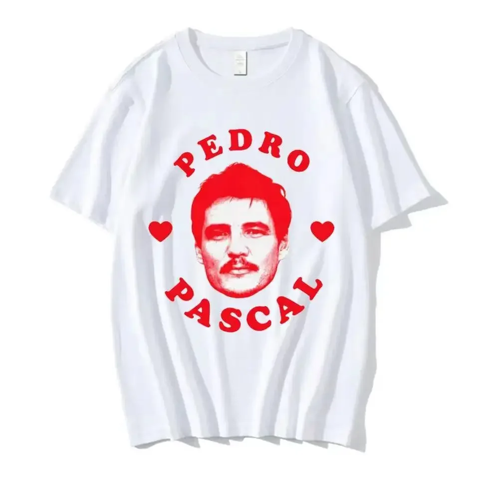 I Heart Pedro Pascal T Shirts I Love Pedro Pascal Movie TV Actor T-Shirt Men's Vintage Casual Cotton Short Sleeve Gothic T Shirt