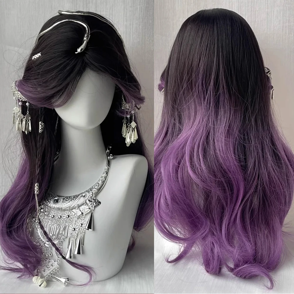 

Long Wavy Synthetic Wig Black Ombre Purple Middle Part Fluffy Women Lolita Cosplay Wig for Daily Party