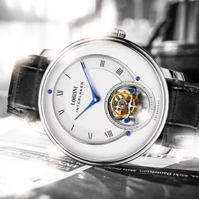 LOBINNI Men Tourbillon Watch 40mm Manual Winding Mechanical Wristwatch Sapphire Mirror Skeleton Dial Leather Strap