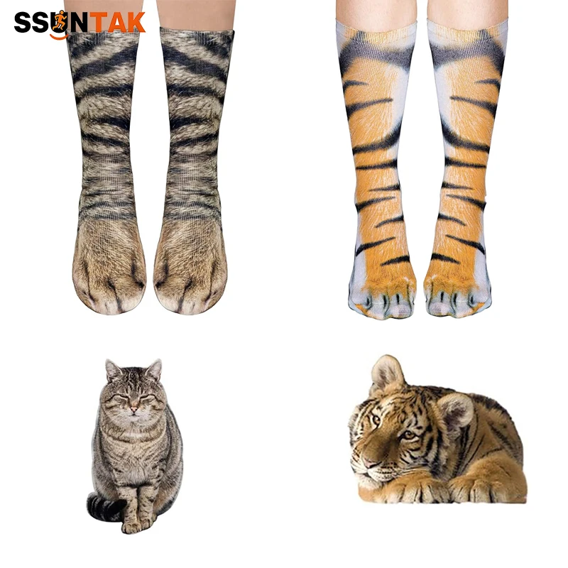 SSUNTAK 2 Pairs Parent-child Animal Paw Print Sock 3D Simulation Cat Dog Paw Crew Socks Novelty Animal Feet Sock Adult Kids Gift