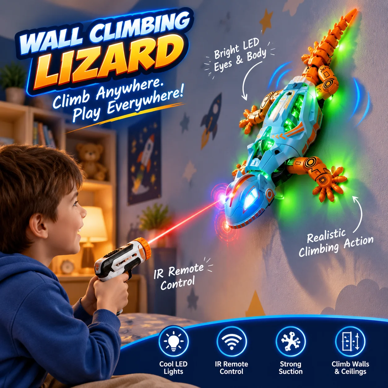 RC simulation lizard toy, infrared tracking floor/wall/ceiling vehicle, with strong suction and 360 ° rotation, boy toy gift