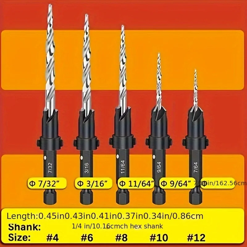 5Pcs Tapered Countersink Drill Woodworking Drill Bit Set Drilling Pilot Holes for Screw Sizes Hand Tool Set Countersink Set