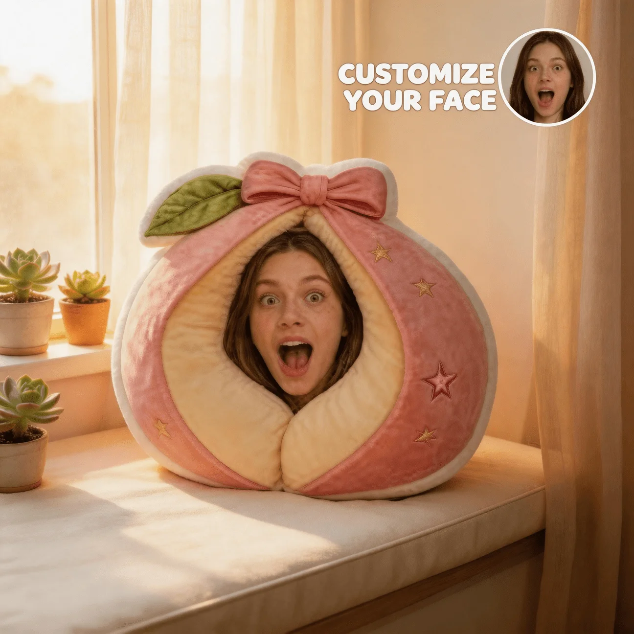 Custom Face Photo Shaped Pillow, Peach Design Decorative Cushion with Bow And Stars, 60CM Large Size Accent Pillow for Sofa And