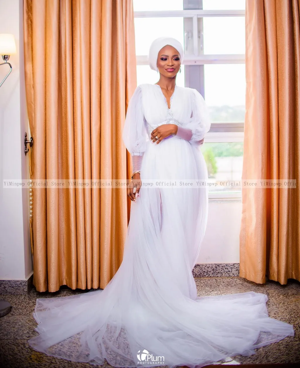 White Bride Robes for Wedding V Neck Long Sleeves Side Split Sweep Train A Line Tulle Africa Bridal Shower Dress Customized