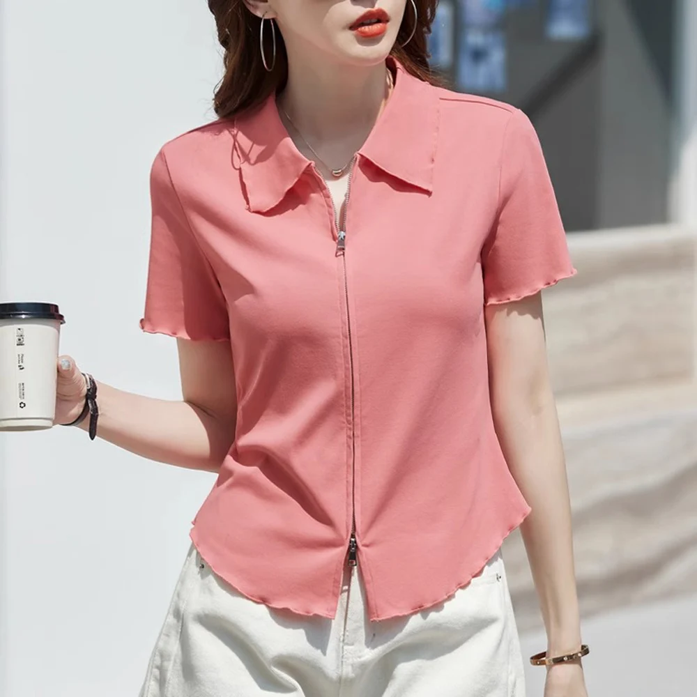 Korean version pink short sleeved t-shirt for women's summer new high-end cotton curved hem slim fit zipper lapel casual top