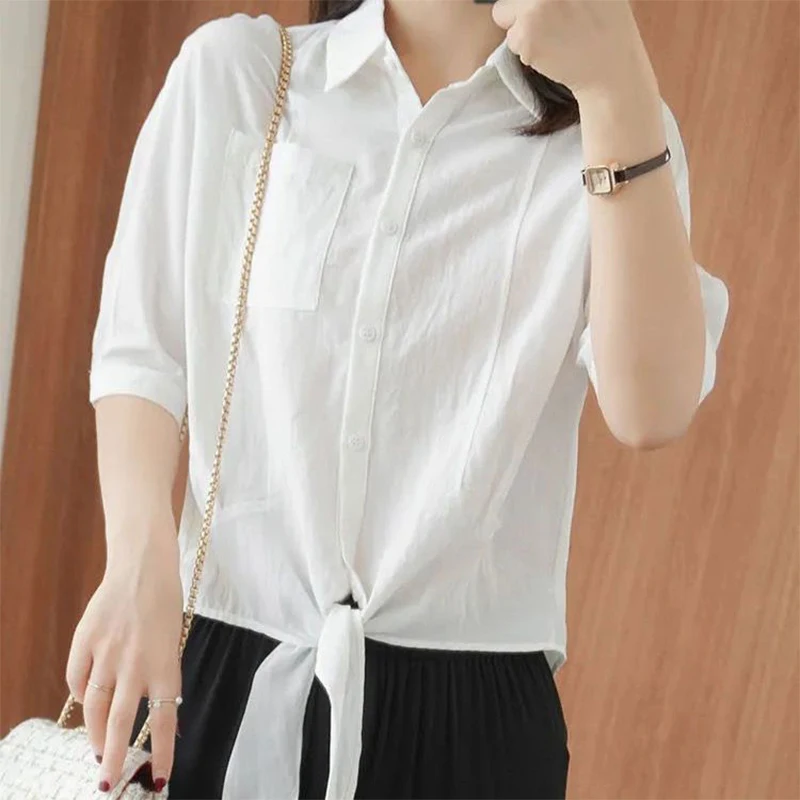

Summer Woman Clothes Chiffon Blouse Cardigan Sunscreen Breathable Wild Popularity Casual Polo-neck Half Sleeve Solid Color Loose