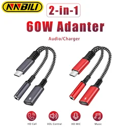 NNBILI PD 60W OTG 2 IN 1 USB C Splitter to Dual Type USB C to 3.5mm Headphone and Charger Adapter for Samsung Huawei Xiaomi