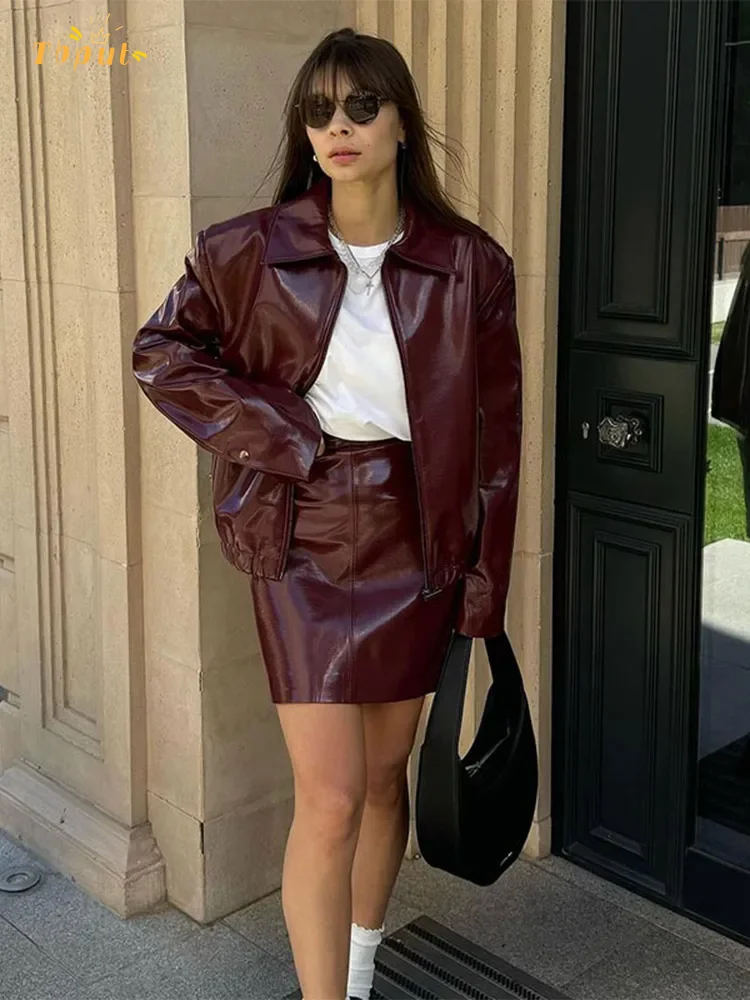 Vintage Burgundy Short Skirt Set For Women Collar Zipper Long Sleeved Pu Leather Jacket With Pockets 2024 Autumn Street Outfit