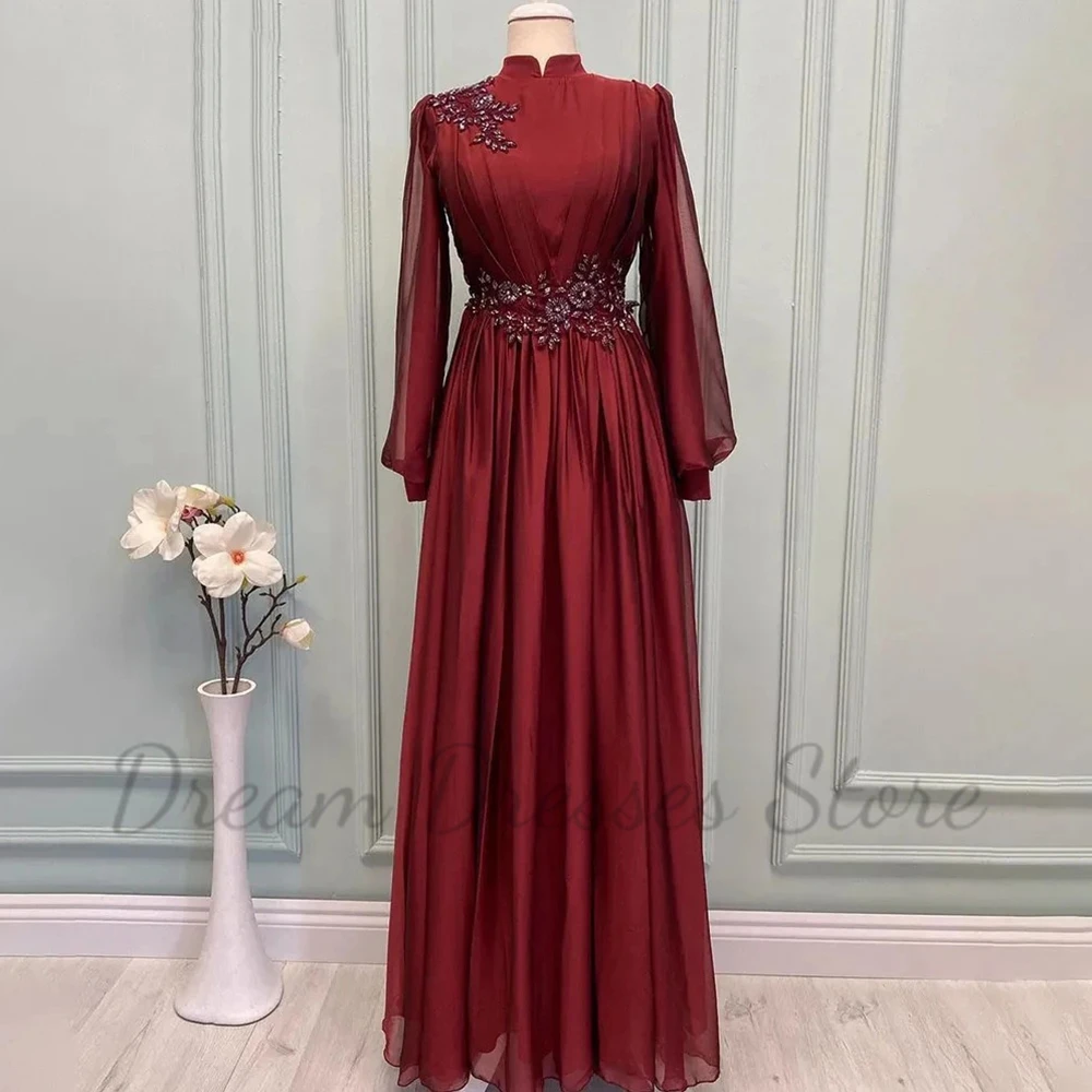 High Neck Pleat Long Sleeves EVening Dress A-Line Floor Length Applique Custom Made Women Wedding Party Muslim Gowns Colourful