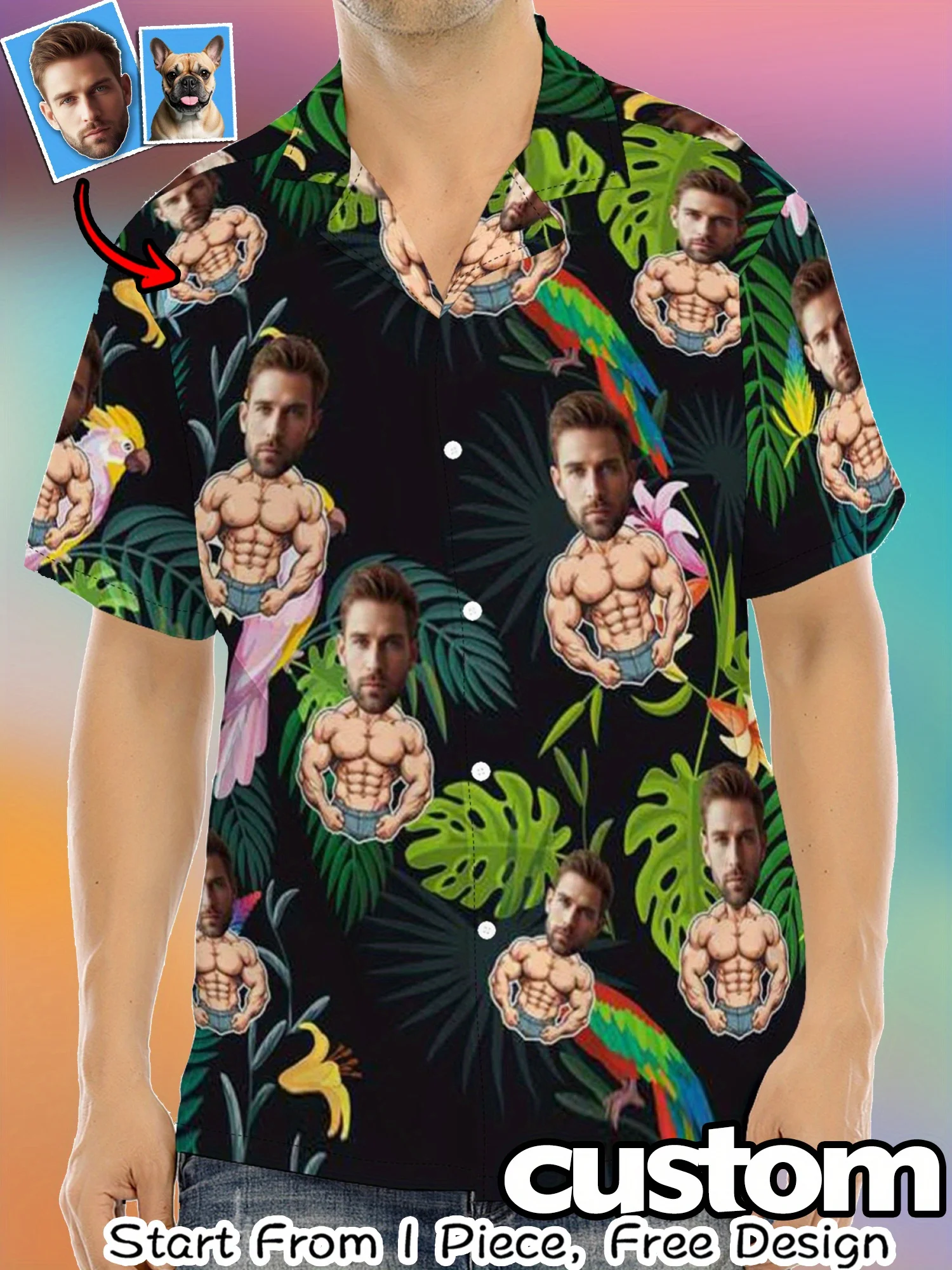 Personalized Muscle Hawaiian Shirt with Custom Photo Tropical Floral Print Short Sleeve Button Down Funny Beach Shirt