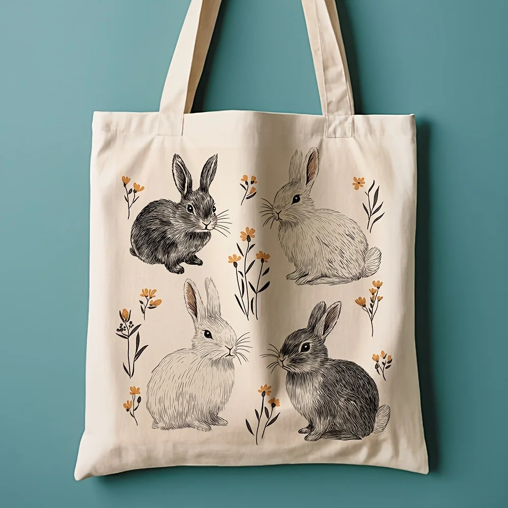 A Rabbit Pattern Print Canvas Tote Bag, Suitable For Daily Use, Shopping, School, And Travel